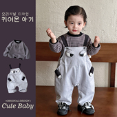 新品 可爱超萌搞怪恐龙背带裤 条纹打底衫 儿童男宝宝2025年秋款 套装