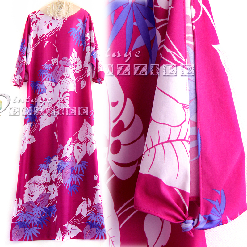 美国Vintage 1960s 古着孤品热带雨林斜纹叶片日式复古长袍连衣裙