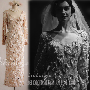 提花蕾丝收腰古董连衣裙 1960s吊坠珍珠法式 奶油米 英国Vintage