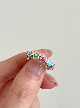 s925纯银泫雅彩色小花戒指ins博主同款指环开口可调节