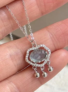 通体925纯银海蓝宝平安锁锁骨链项链