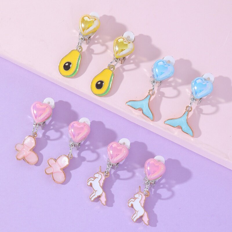 diy儿童耳夹无耳洞 幻彩树脂爱心童趣独角兽美人鱼蝴蝶耳坠耳环