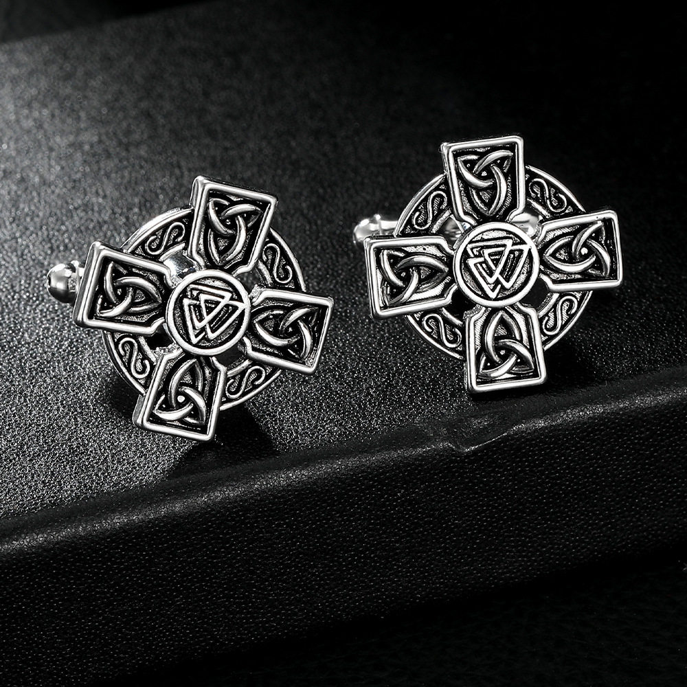 欧美现货新款复古电镀银色十字架花纹配件袖扣 男士法式衬衫袖扣