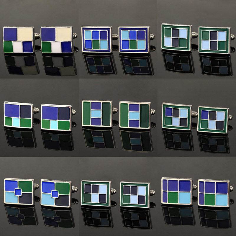 欧美时尚新款复古花纹俄罗斯方块袖扣正方形法式格子衬衫袖钉男