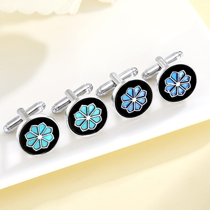 欧美新品圆形蓝色花纹合金复古贝壳袖扣男士法式衬衫袖钉Cufflink