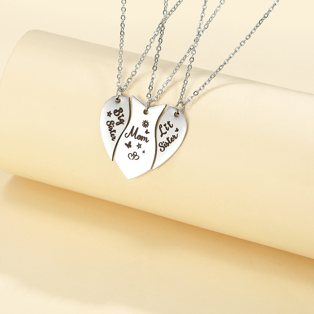 亚马逊不锈钢母亲节饰品创意时尚好姐妹闺蜜桃心字母拼图吊坠项链