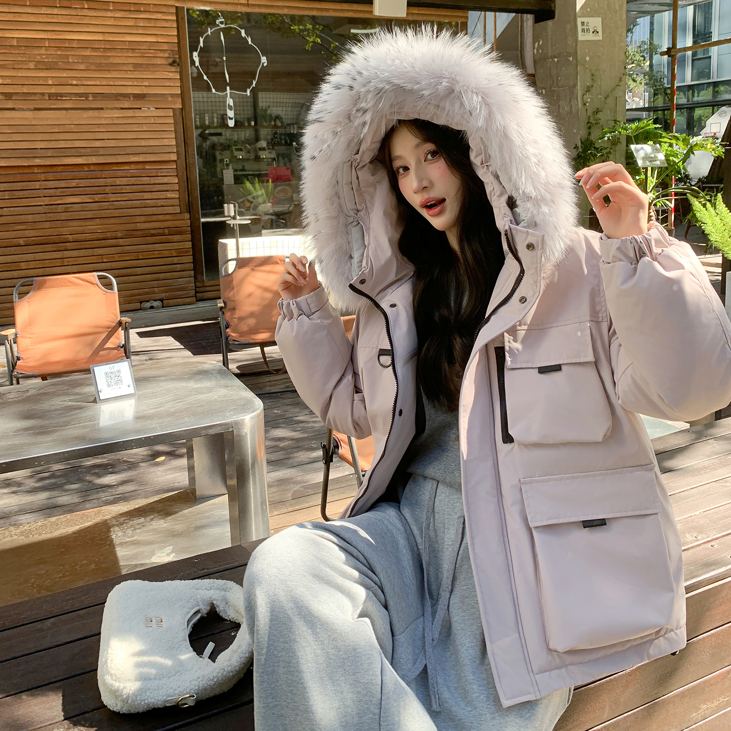 冰晶紫工装羽绒服女大毛领2025冬季新款宽松加厚白鸭绒情侣外套潮