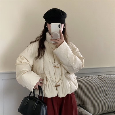 韩版高级感牛角扣短款羽绒服立领
