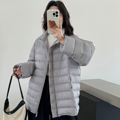 韩系简约排骨羽绒服女中长款立领