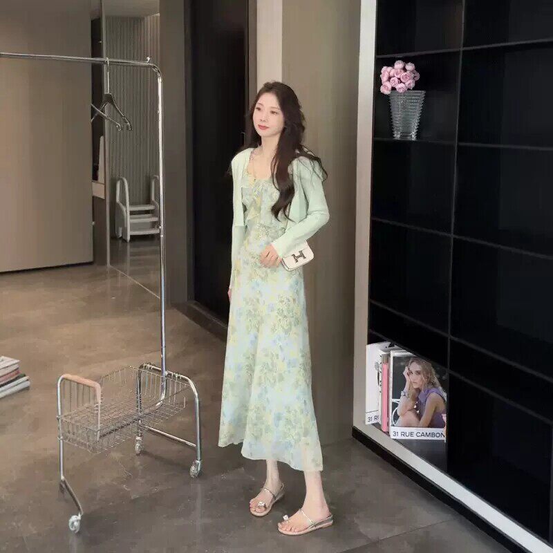 2026春季新款女法式1/4吋套筒扳手袖碎花气质洋装防嗮针织开衫上