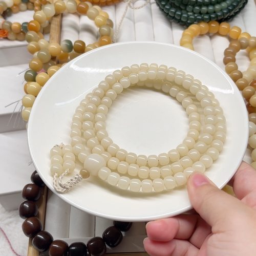 8老型桶鬼工干磨奶白菩提根108长串勃挂手链多圈