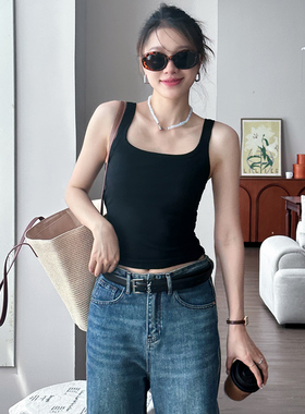 美背吊带背心女2025新款带胸垫夏季外穿内搭黑色打底文胸一体方领