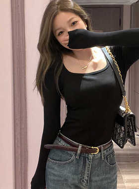 打底衫女秋冬内搭德绒发热带胸垫黑色加绒加厚针织方领长袖上衣