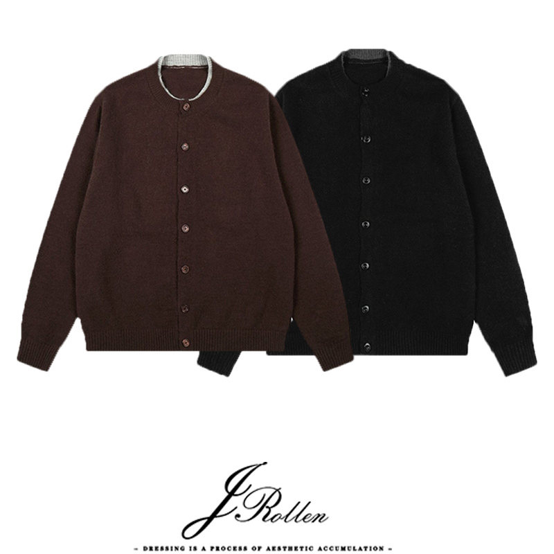 老钱风圆领假两件拼接针织毛衣男