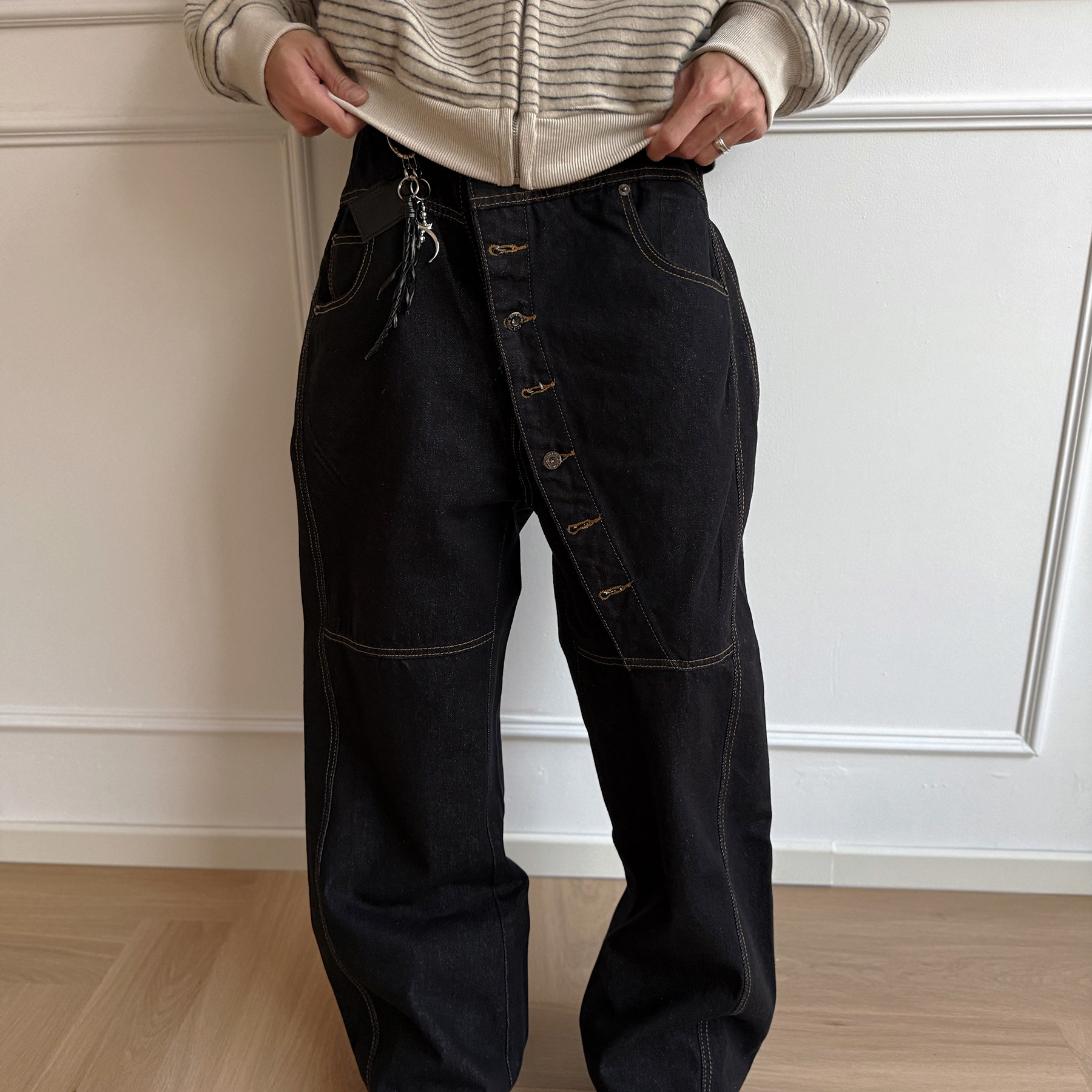 美式复古baggy排扣曲感牛仔裤