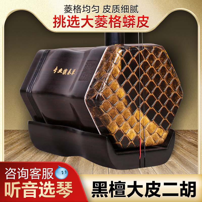 黑檀二胡大皮大菱格蟒皮二胡琴黑檀木专业成人演奏考级二胡乐器