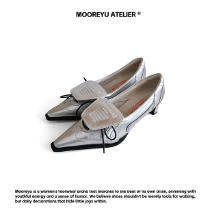 英伦风尖头高跟鞋 春夏新款 Atelier原创设计银色真皮单鞋 Mooreyu
