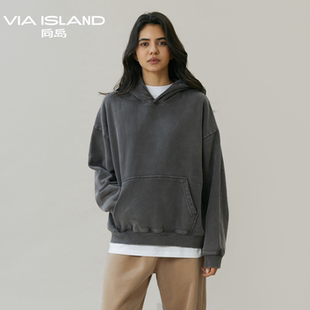 VIA 冬休闲 ISLAND度假向岛水洗棉复古毛边套头加绒卫衣女2025新款