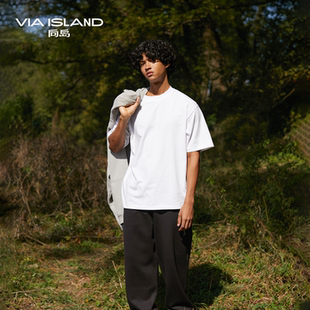 T恤宽松休闲男女款 VIA ISLAND度假向岛新疆棉纯棉宽螺纹圆领短袖