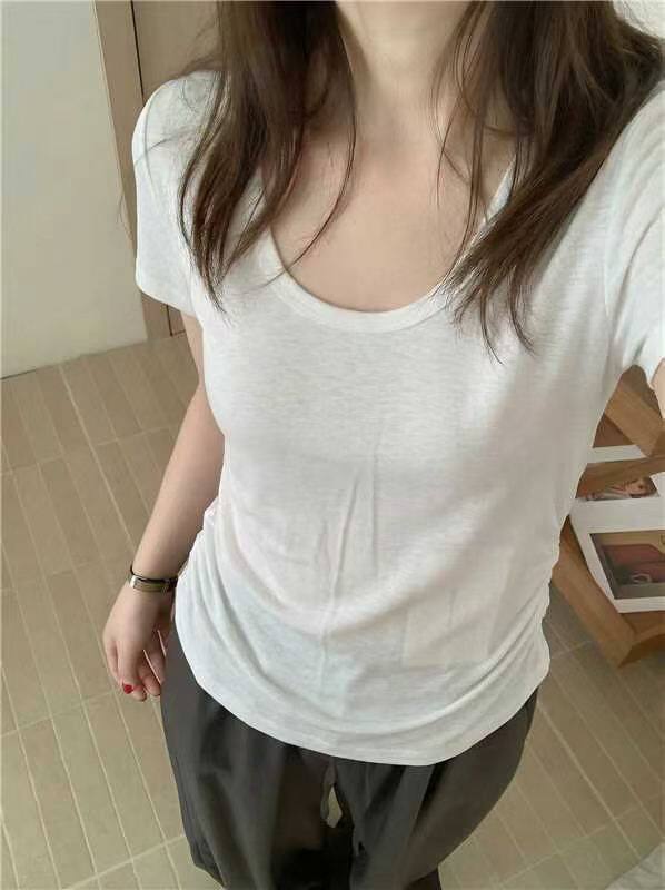 巨舒服简约百搭韩系两边褶皱收腰显瘦短袖T桖～气质面膜t