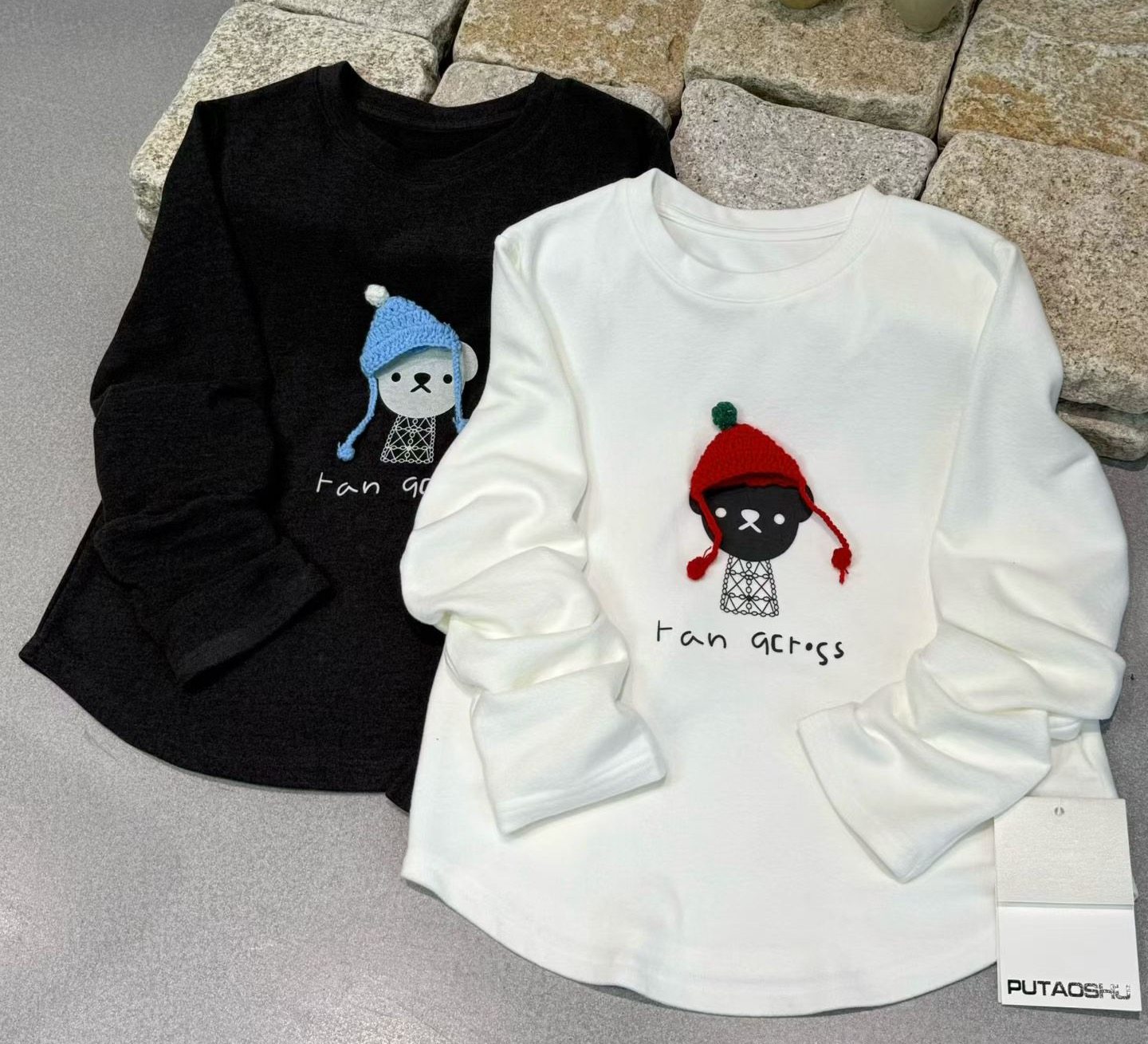 带帽子的小熊厚实保暖双面德绒正肩显瘦长袖T恤打底衫～