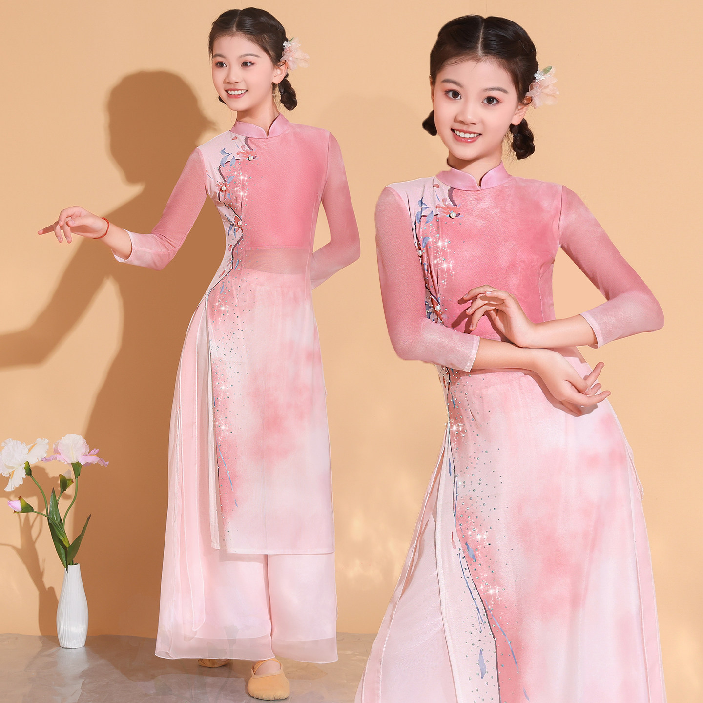 新女童古典舞演出服少儿飘逸中国风练功服粉色旗袍舞蹈服身韵纱衣