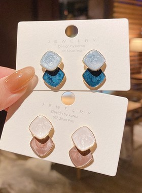 S925银针雾霾蓝色复古耳环女几何形滴油时尚耳钉小巧精致耳坠耳饰