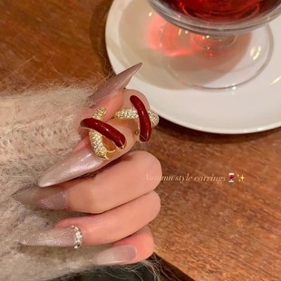 红色交叉镶钻银针耳钉女新款 耳环秋冬小众轻奢高级感气质耳饰 爆款