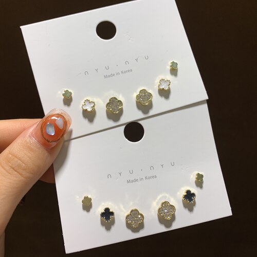 s925银针个性四叶耳钉一周三对装