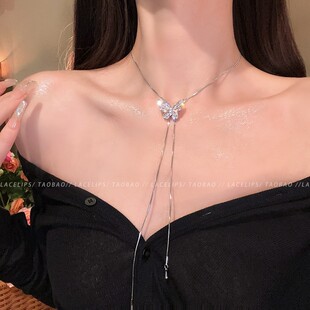 韩版ins风小众设计感高级蝴蝶抽拉长款毛衣链气质项链女颈链配饰