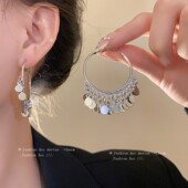 欧美银色圆片流苏耳圈女时尚 轻奢耳饰 小众设计感气质百搭耳环个性