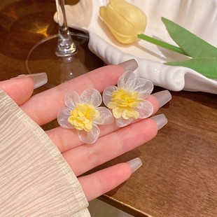 超仙网纱花朵银针耳钉女时尚 气质百搭高级感田园风度假风耳环耳饰