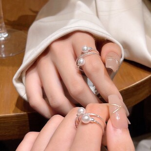 韩系绕圈两颗仿珍珠戒指女法式 通勤温柔开口气质高级感指环百搭潮