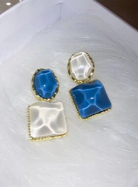 s925银针不对称方形冰块质感耳坠耳环撞色透明立体耳钉高级感耳饰
