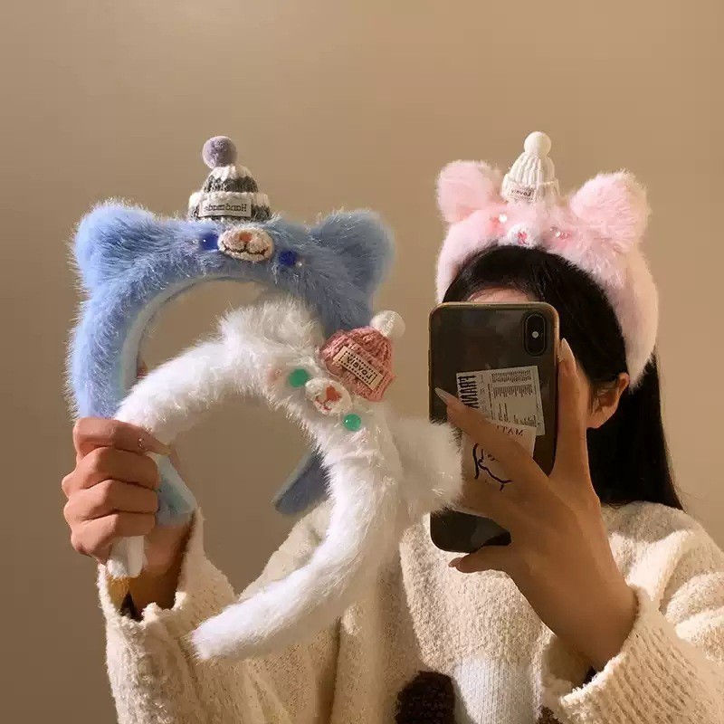 冬季时尚可爱毛绒白色小熊耳朵发箍女洗脸专用发卡化妆敷面膜头箍