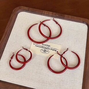 安可拉红耳圈复古港风高级显脸小素圈耳环秋冬喜庆新款爆款耳饰