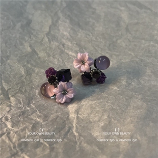紫色水晶复古花朵耳环日韩ins风耳钉高级感小众设计高贵气质耳饰