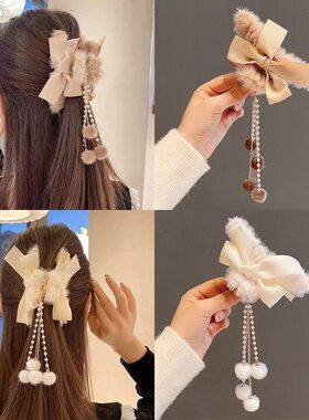 毛绒蝴蝶结流苏发夹后脑勺