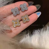 日系新款 2025镶钻四叶草耳钉女小众设计高级感轻奢饰品耳环气质款