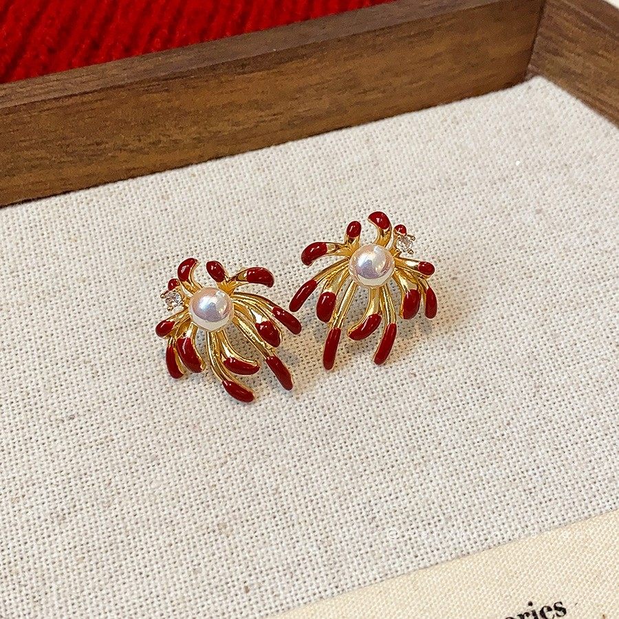 秋冬新款红色烟花镶钻银针耳钉