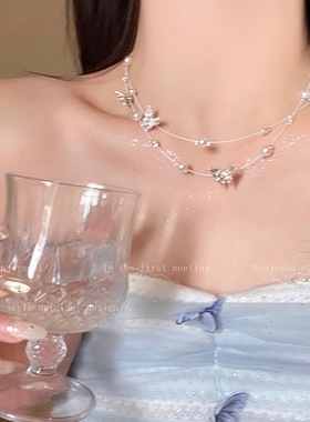 双层珍珠蝴蝶锁骨链女ins