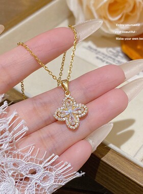 满钻四叶花钛钢锁骨链轻奢百搭