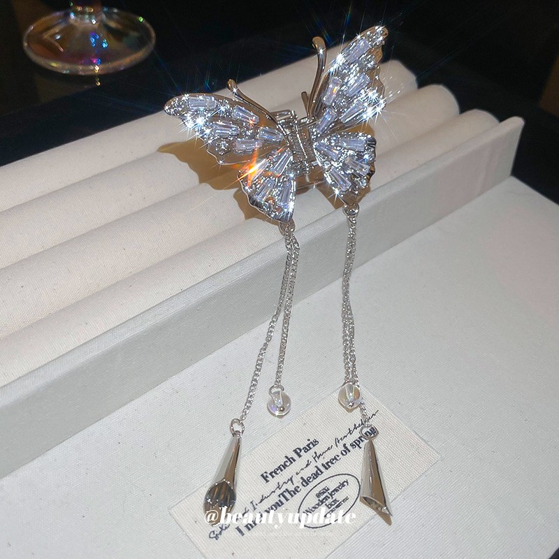 国潮镶钻蝴蝶风铃流苏抓夹新中式时尚百搭鲨鱼夹超仙气质发夹发饰