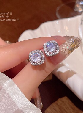 S925银针轻奢小众精致锆石耳钉女百搭气质高级感方锆耳环耳饰批发