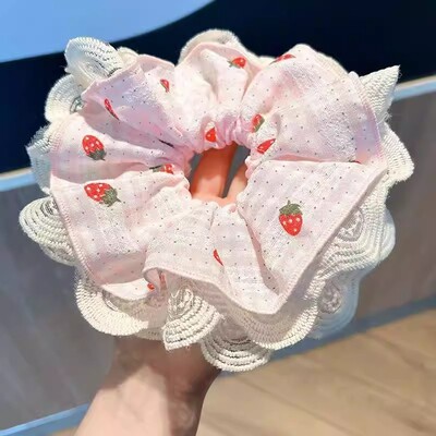 韩系蓝格草莓蕾丝大肠发圈百搭