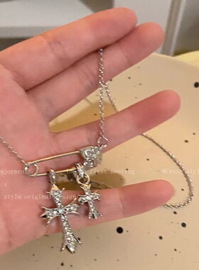 十字架锆石回形别针项链女新款甜酷配饰轻奢小众高级感锁骨链镶钻