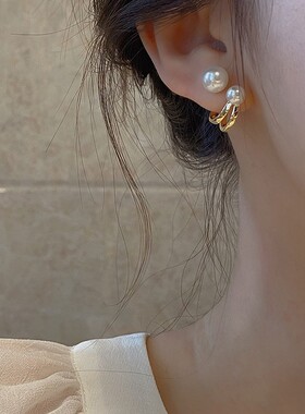 S925银针韩国东大门双圈珍珠耳环女气质简约百搭耳钉耳坠可拆两戴