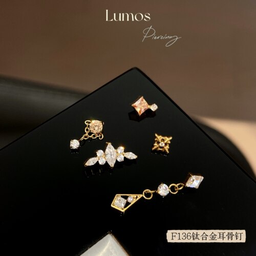 Lumos 琉星颂  镀金香槟F136内螺旋钛合金耳钉耳骨钉Flat钉 T176