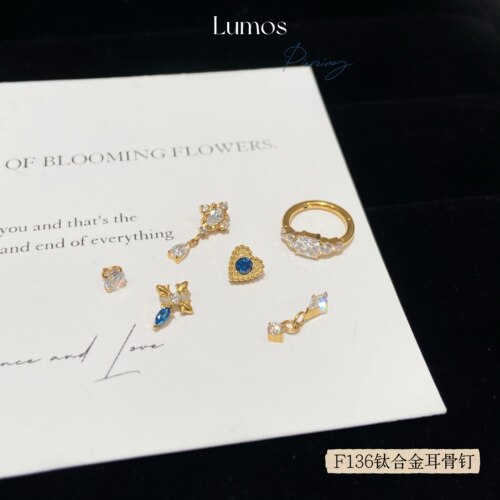 Lumos Sapphire 宝蓝爱心F136内螺旋钛合金耳钉耳骨钉耳蜗钉 T187