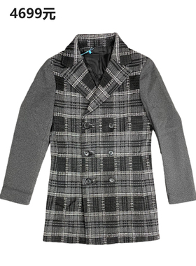 专柜正品4699元 男士时尚秋冬中长款双排扣大衣 商务休闲格子修身